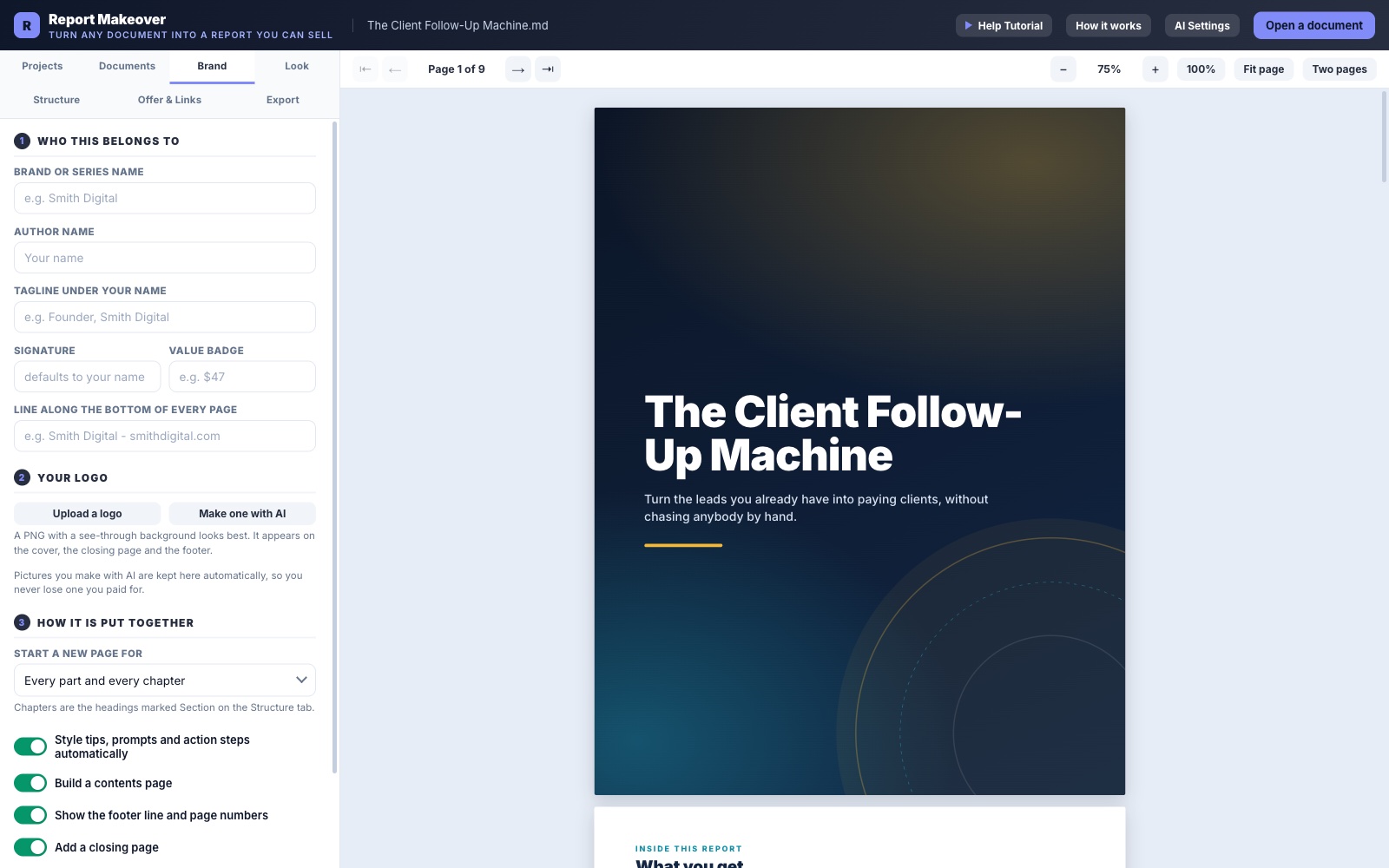 The Brand tab: name, author, logo, signature and footer line